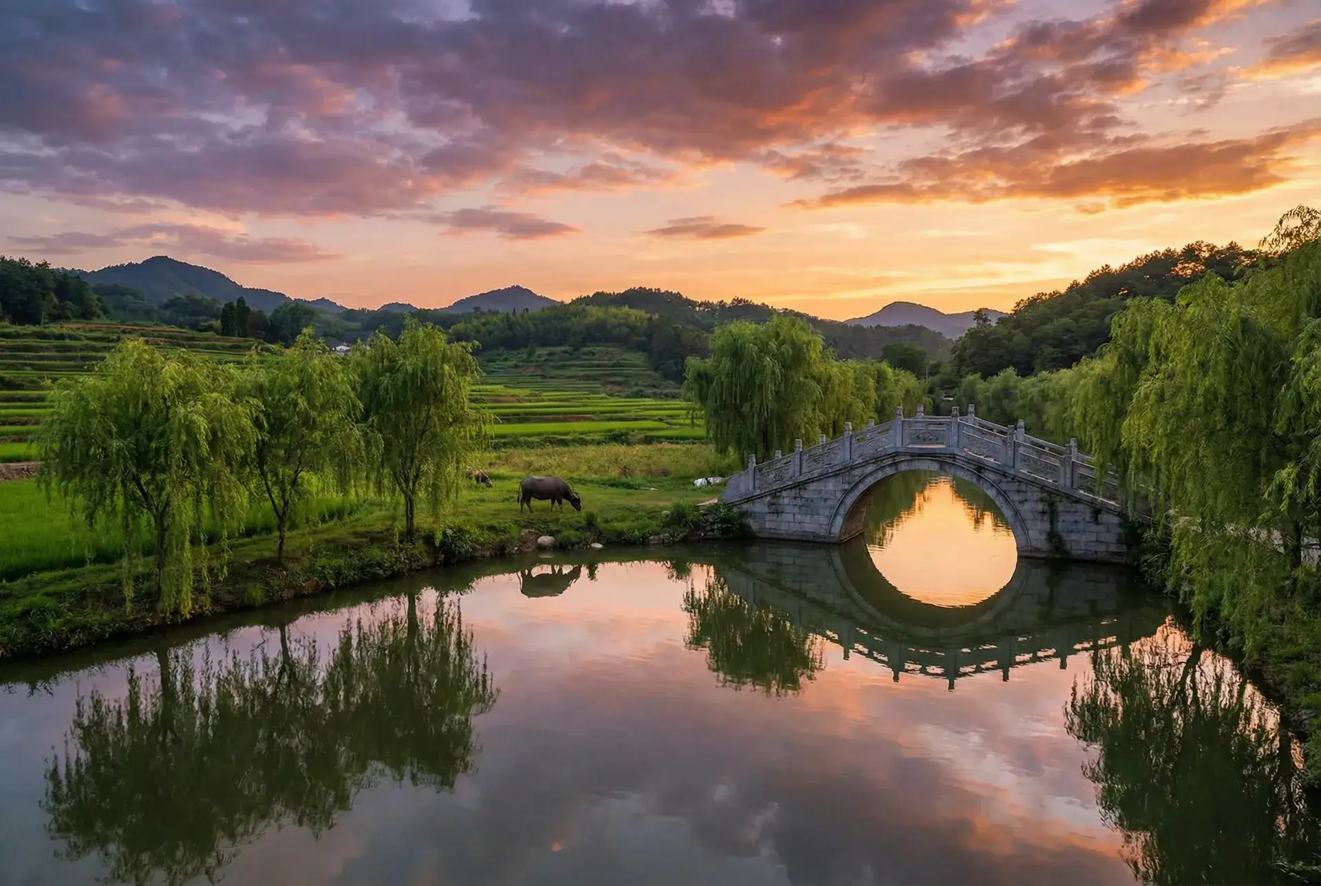 夕阳下的石拱桥与垂柳，水牛在河边吃草 - 温柔的背叛在线观看 乡村美景